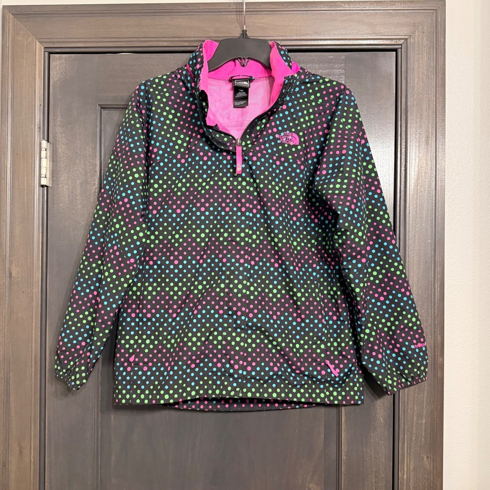 The North Face Girls XL 18‎ HyVent Rain Jacket Black Multicolor Polka Dot Hooded
